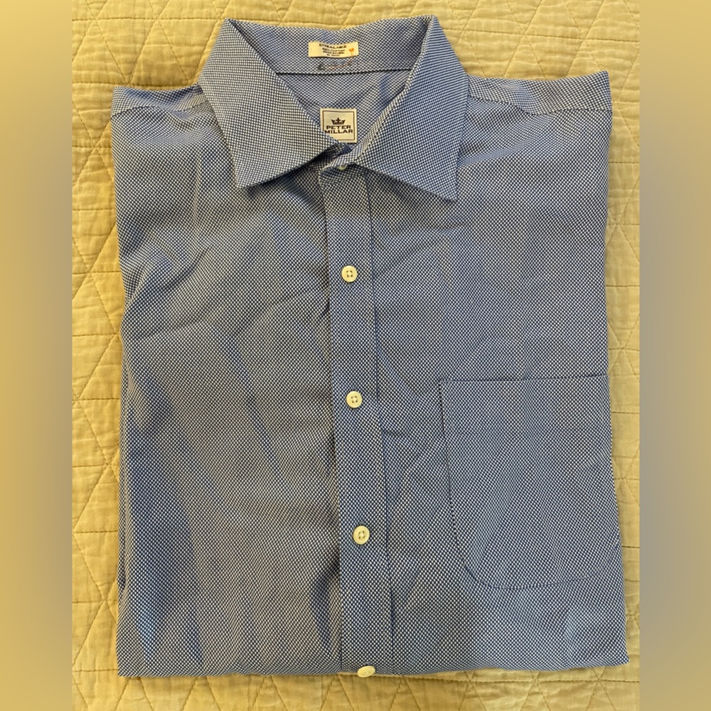 PETER MILLAR Nanoluxe Nailhead Spread Collar Shirt in Blue Size XL $160